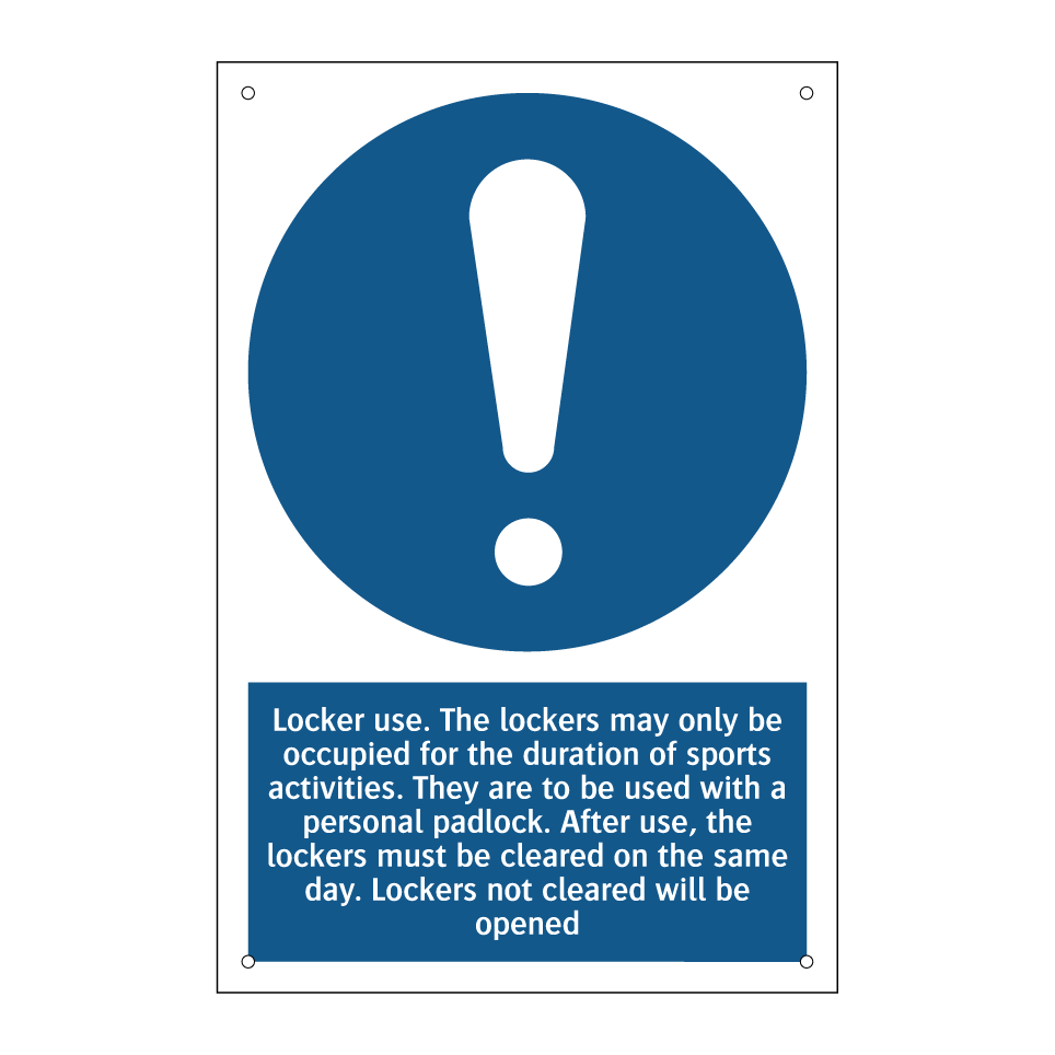 Locker use. The lockers may only be occupied for the duration of sports activities. They are to be used with a personal padlock. After use, the lockers must be cleared on the same day. Lockers not cleared will be opened