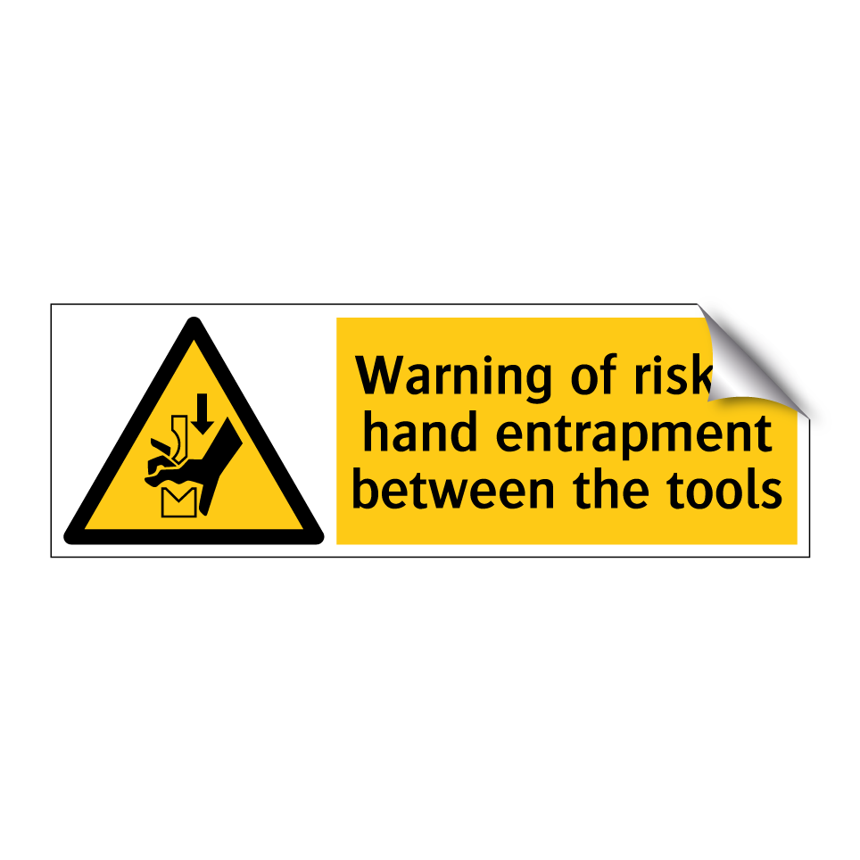 Warning of risk of hand entrapment between the tools