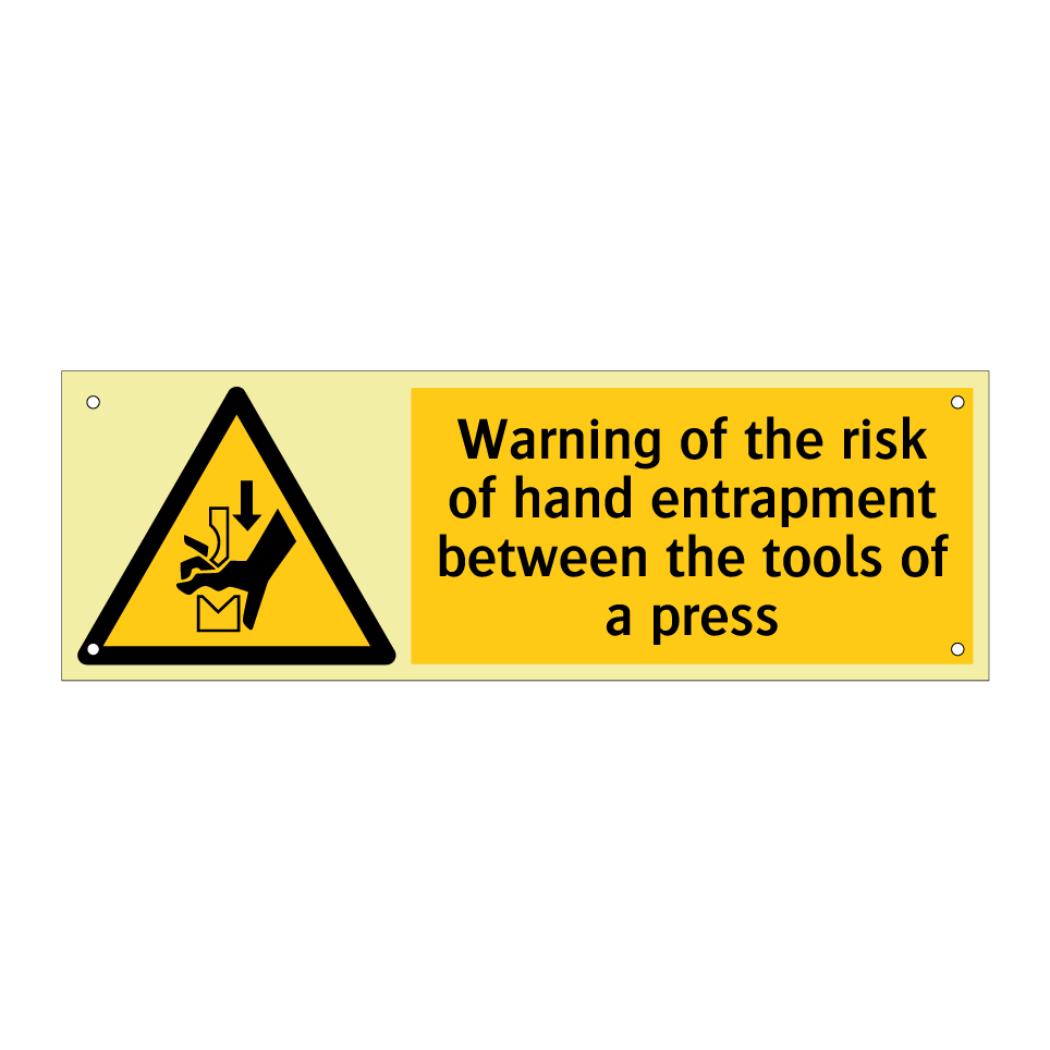 Warning of the risk of hand entrapment between the tools of a press