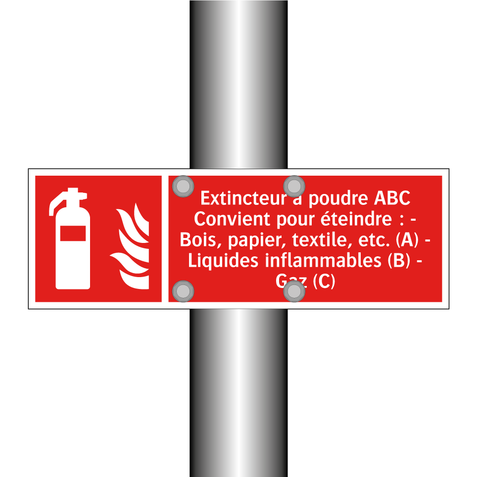 Extincteur à poudre ABC Convient pour éteindre : - Bois, papier, textile, etc. (A) - Liquides inflammables (B) - Gaz (C)