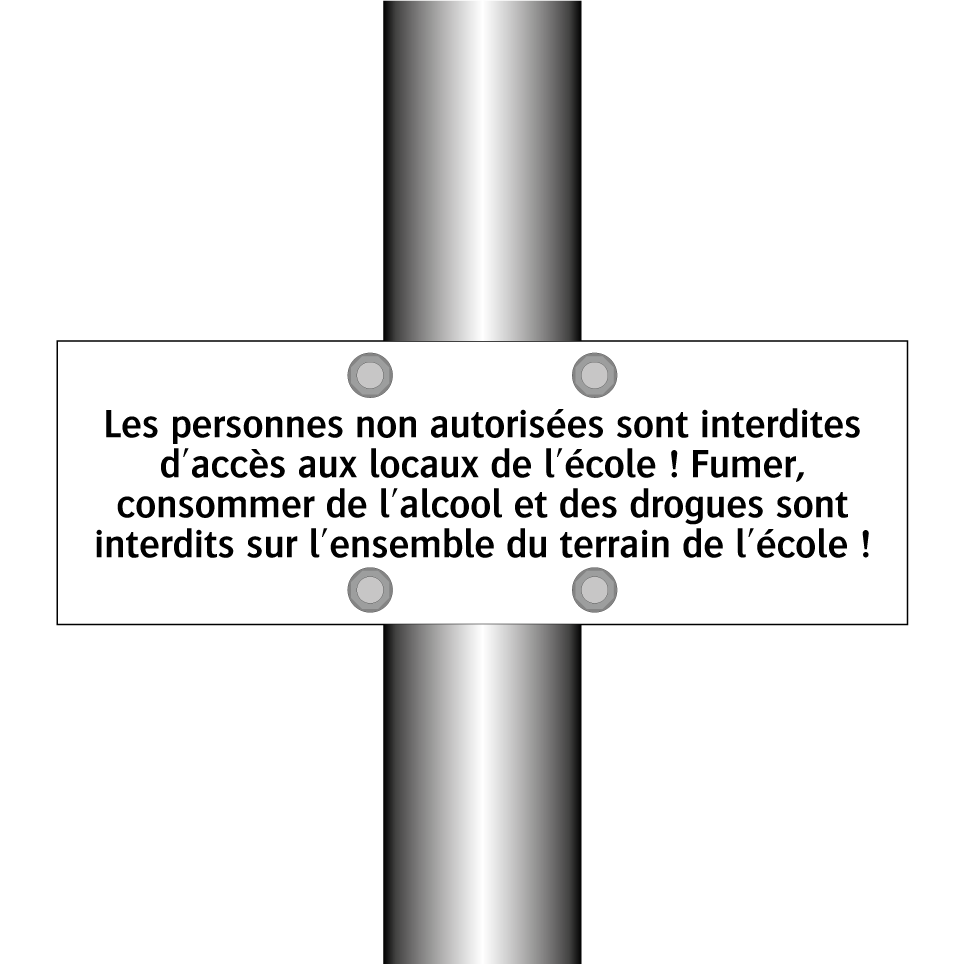 Les personnes non autorisées sont interdites d'accès aux locaux de l'école ! Fumer, consommer de l'alcool et des drogues sont interdits sur l'ensemble du terrain de l'école !