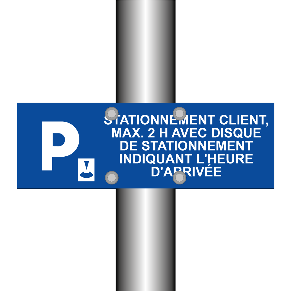 Stationnement client, max. 2 h avec disque de stationnement indiquant l'heure d'arrivée.