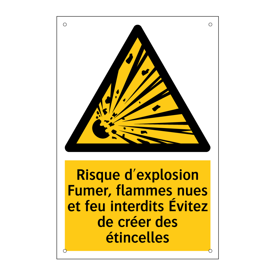 Risque d'explosion Fumer, flammes nues et feu interdits Évitez de créer des étincelles