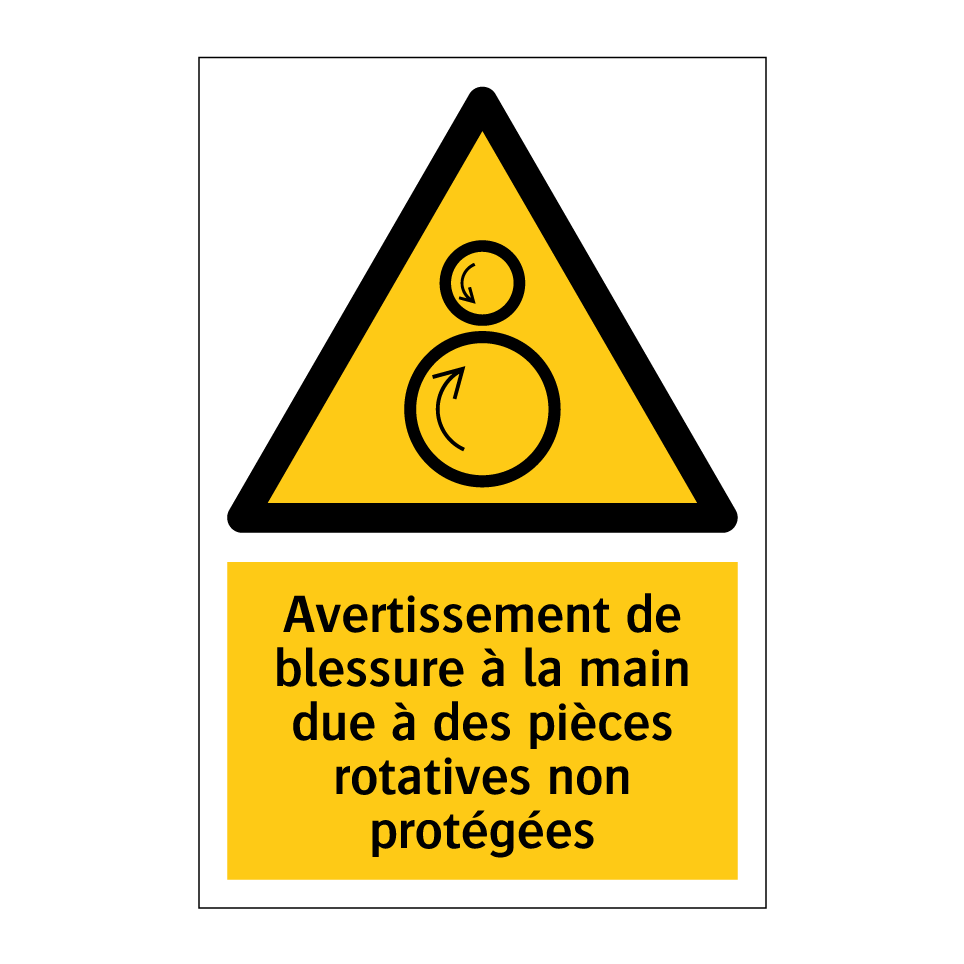 Avertissement de blessure à la main due à des pièces rotatives non protégées