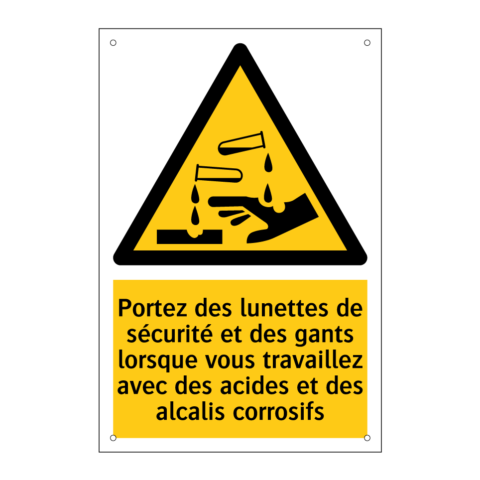 Portez des lunettes de sécurité et des gants lorsque vous travaillez avec des acides et des alcalis corrosifs