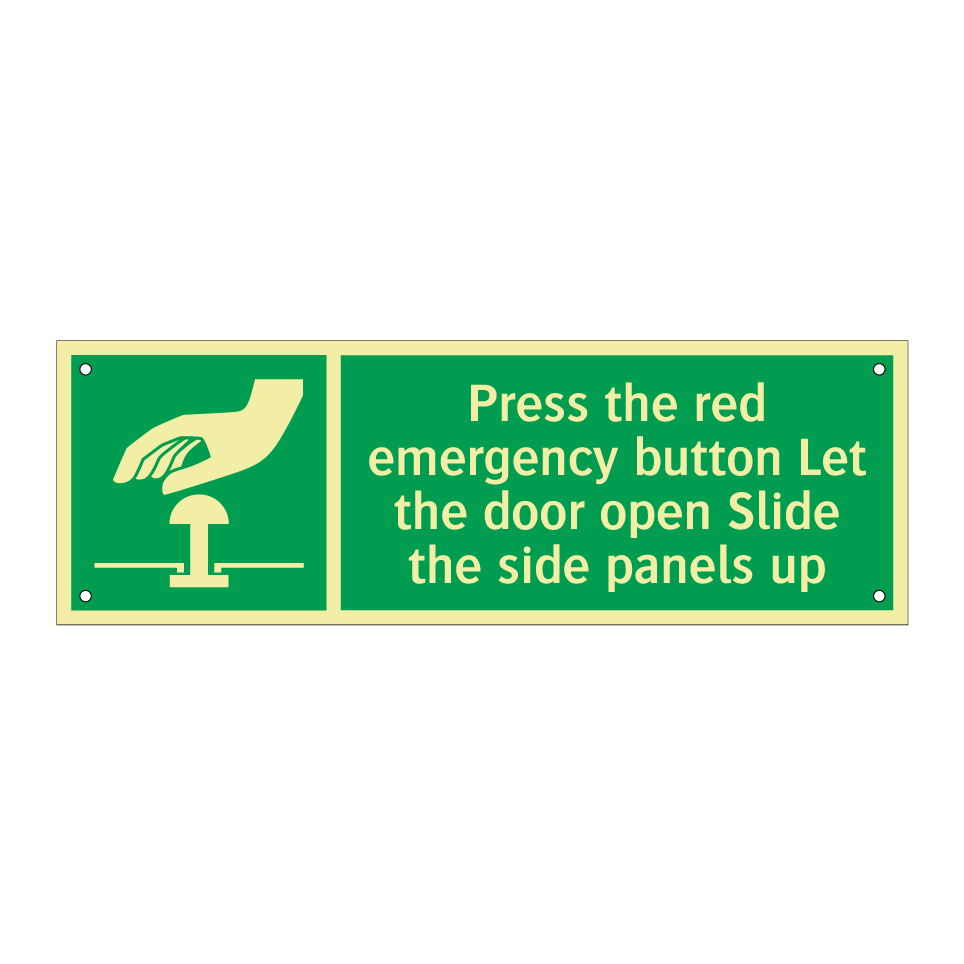 Press the red emergency button Let the door open Slide the side panels up