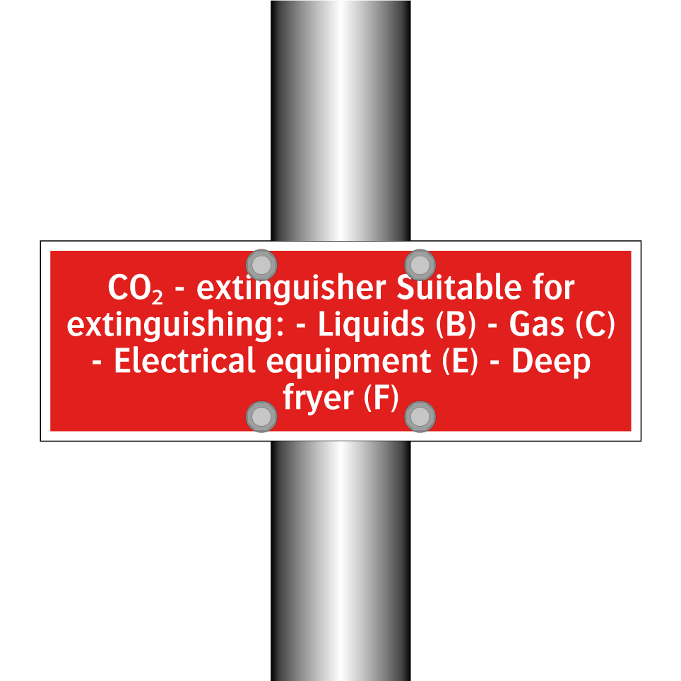 CO₂ - extinguisher Suitable for extinguishing: - Liquids (B) - Gas (C) - Electrical equipment (E) - Deep fryer (F)