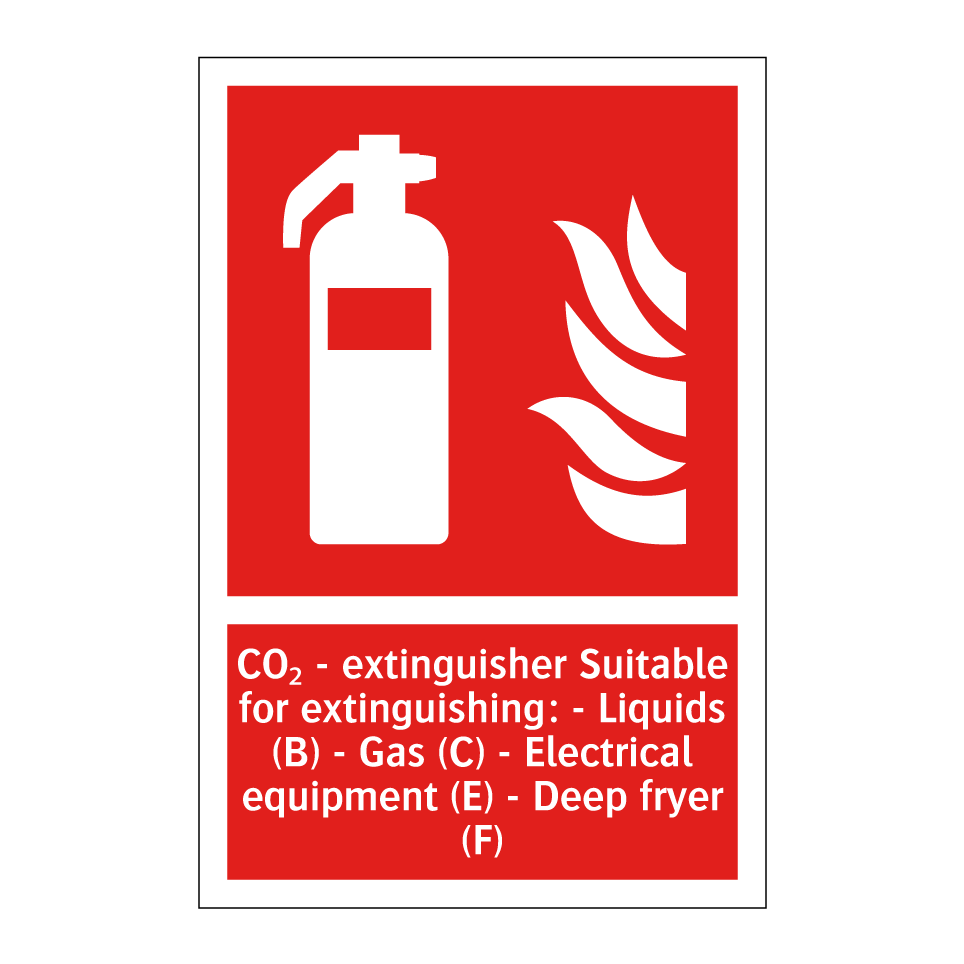 CO₂ - extinguisher Suitable for extinguishing: - Liquids (B) - Gas (C) - Electrical equipment (E) - Deep fryer (F)