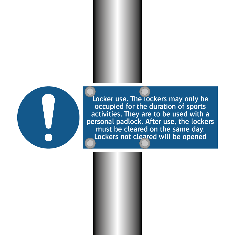 Locker use. The lockers may only be occupied for the duration of sports activities. They are to be used with a personal padlock. After use, the lockers must be cleared on the same day. Lockers not cleared will be opened