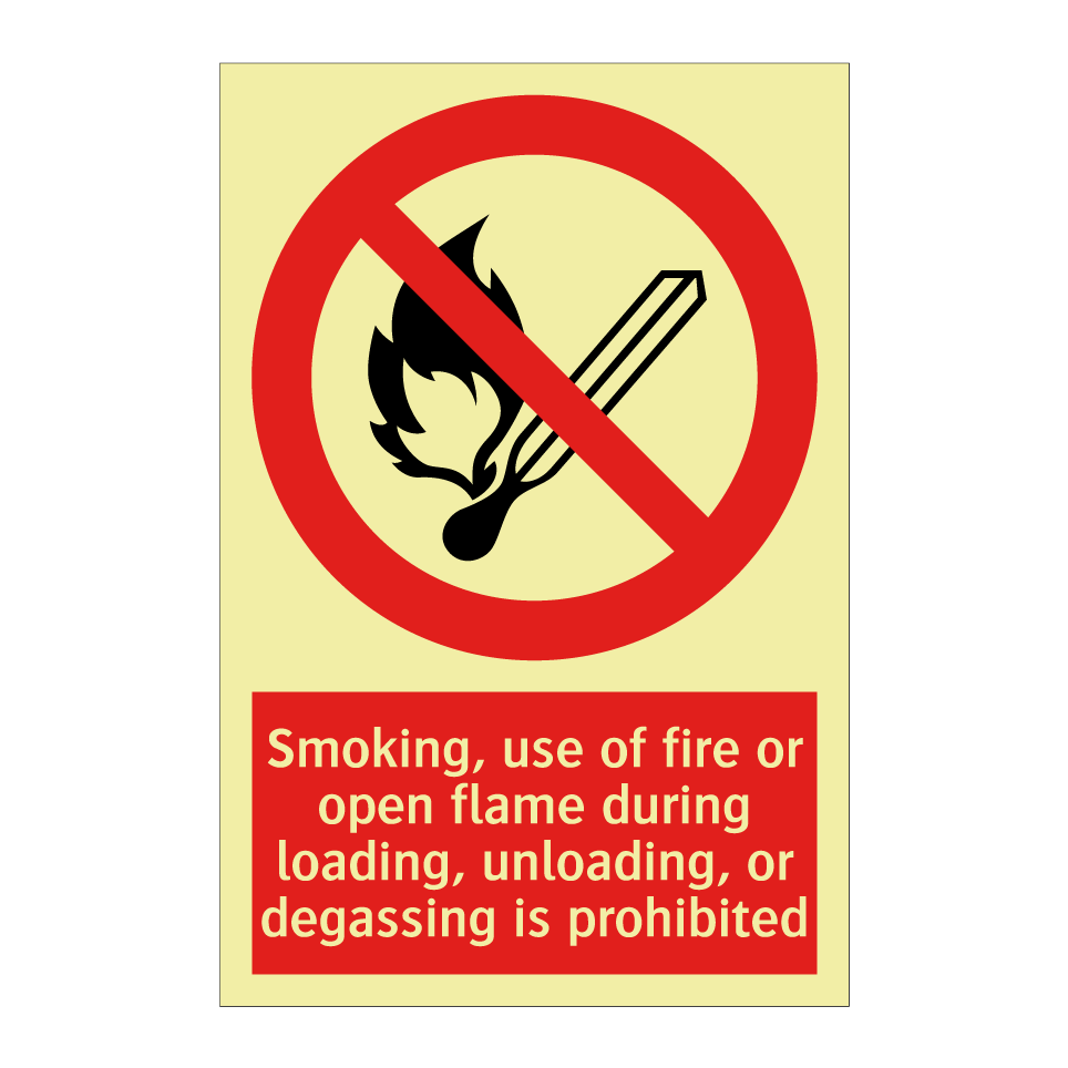 Smoking, use of fire or open flame during loading, unloading, or degassing is prohibited