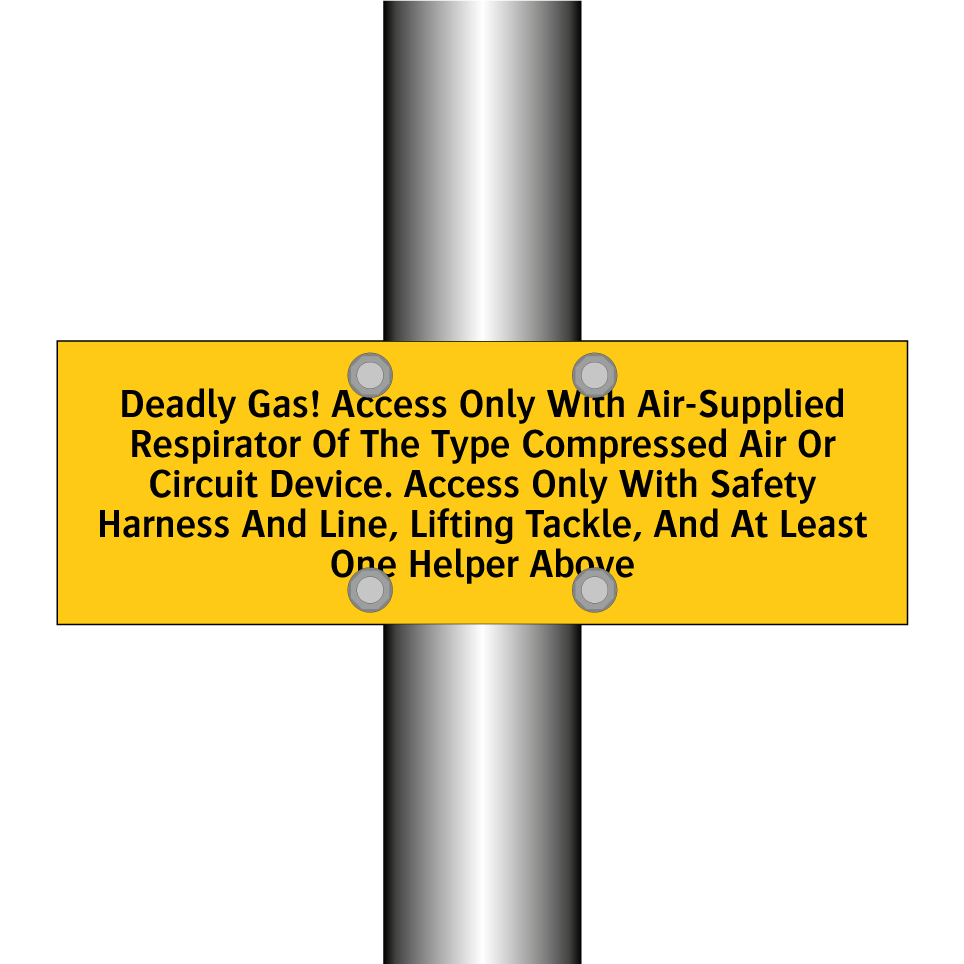 Deadly Gas! Access Only With Air-Supplied Respirator Of The Type Compressed Air Or Circuit Device. Access Only With Safety Harness And Line, Lifting Tackle, And At Least One Helper Above