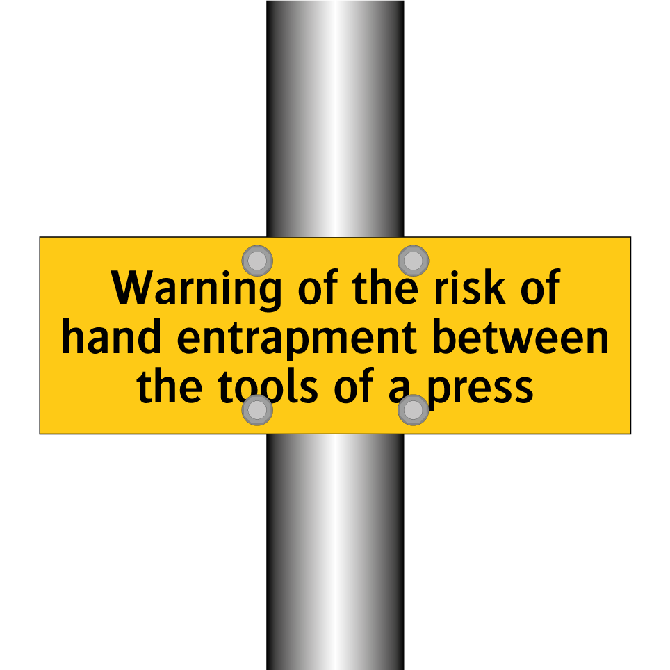 Warning of the risk of hand entrapment between the tools of a press