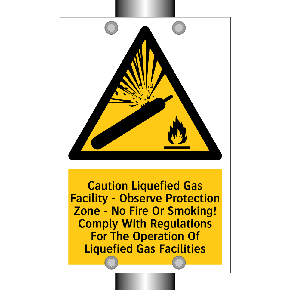 Caution Liquefied Gas Facility - Observe Protection Zone - No Fire Or Smoking! Comply With Regulations For The Operation Of Liquefied Gas Facilities