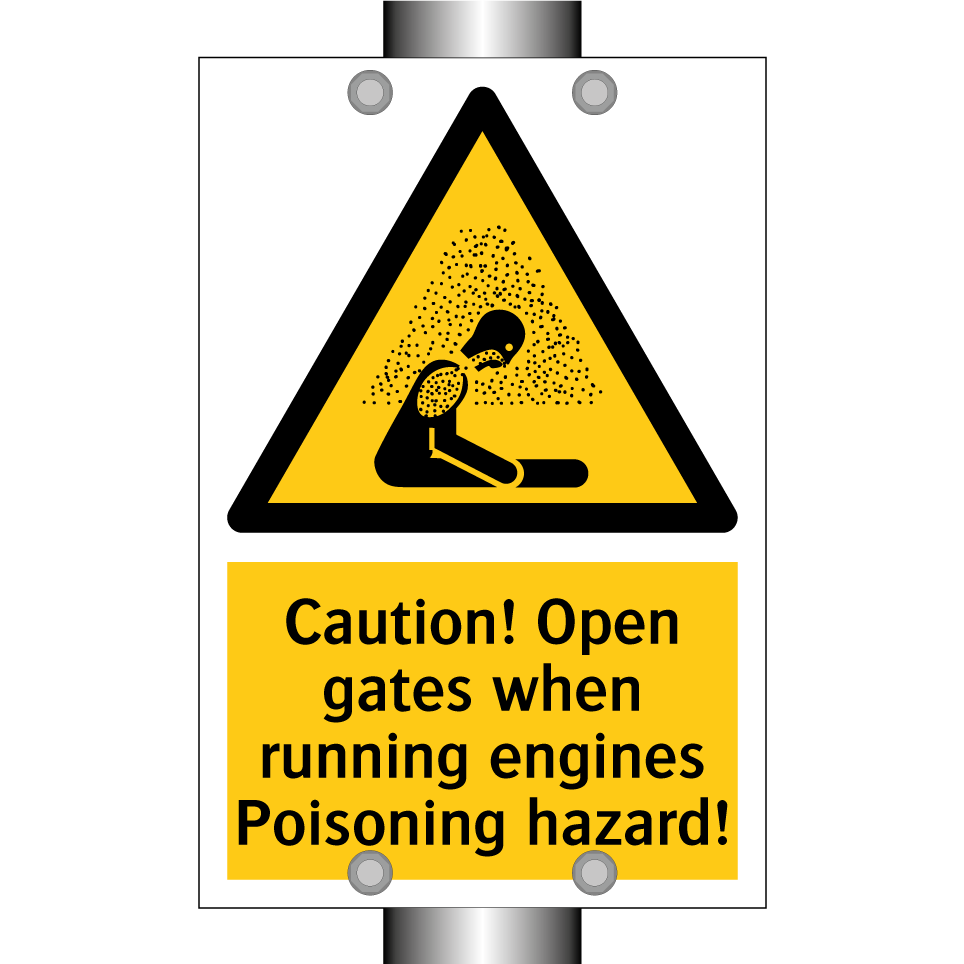 Caution! Open gates when running engines Poisoning hazard!
