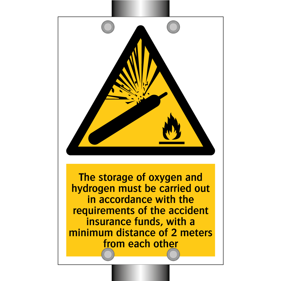 The storage of oxygen and hydrogen must be carried out in accordance with the requirements of the accident insurance funds, with a minimum distance of 2 meters from each other