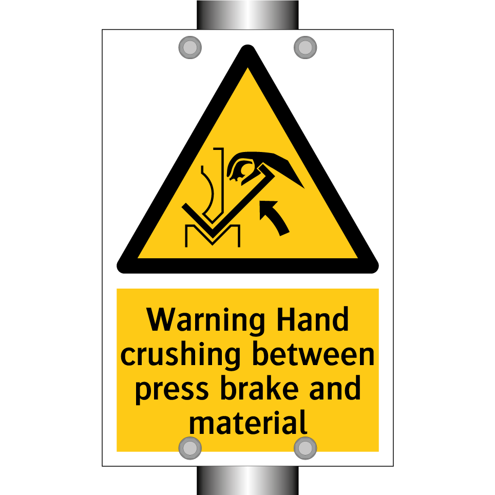 Warning Hand crushing between press brake and material