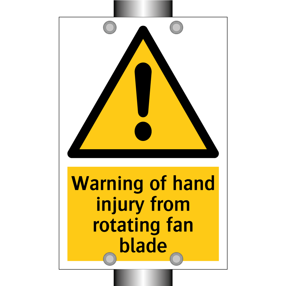 Warning of hand injury from rotating fan blade