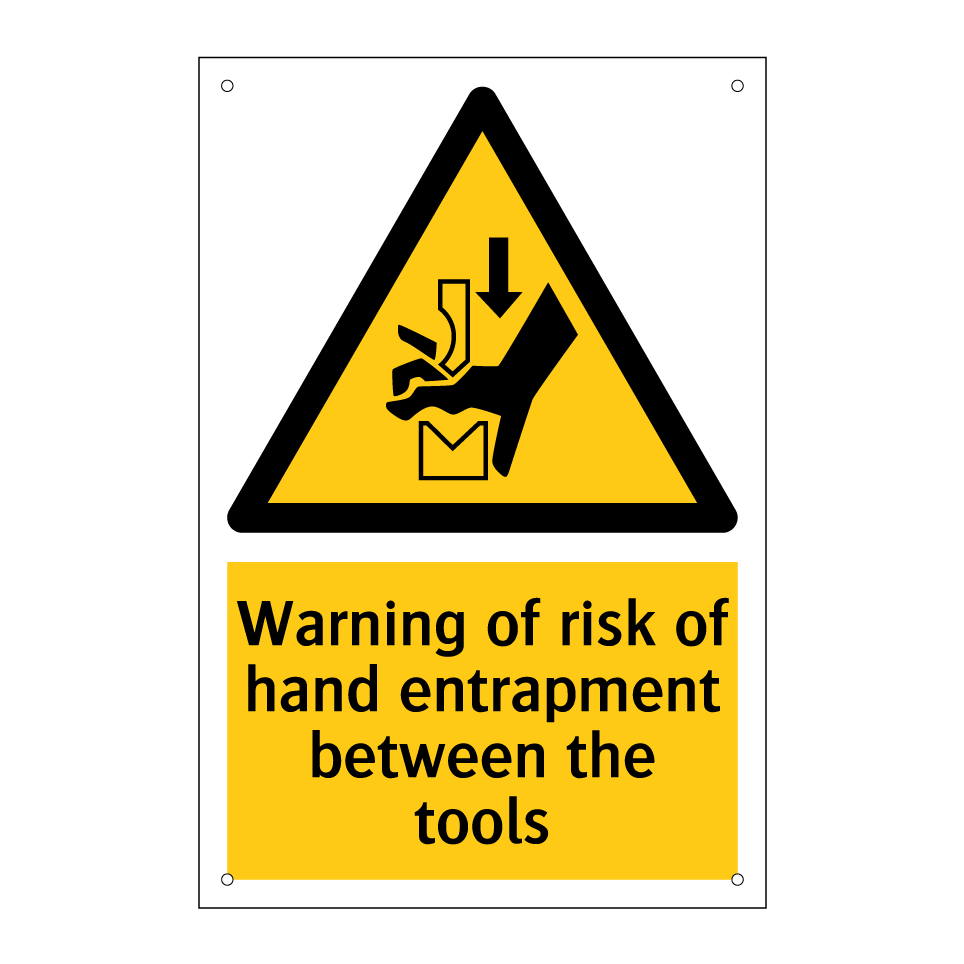 Warning of risk of hand entrapment between the tools