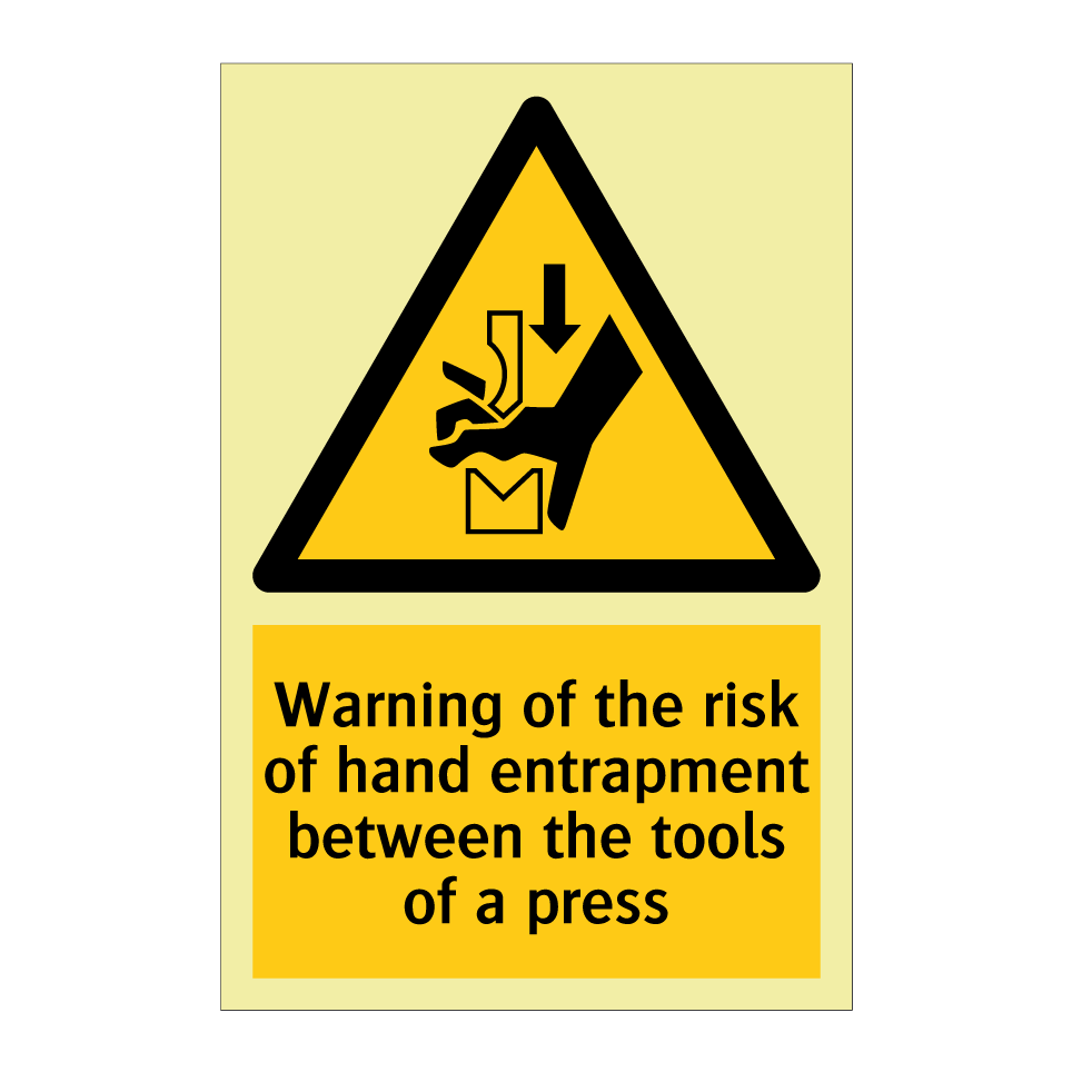 Warning of the risk of hand entrapment between the tools of a press