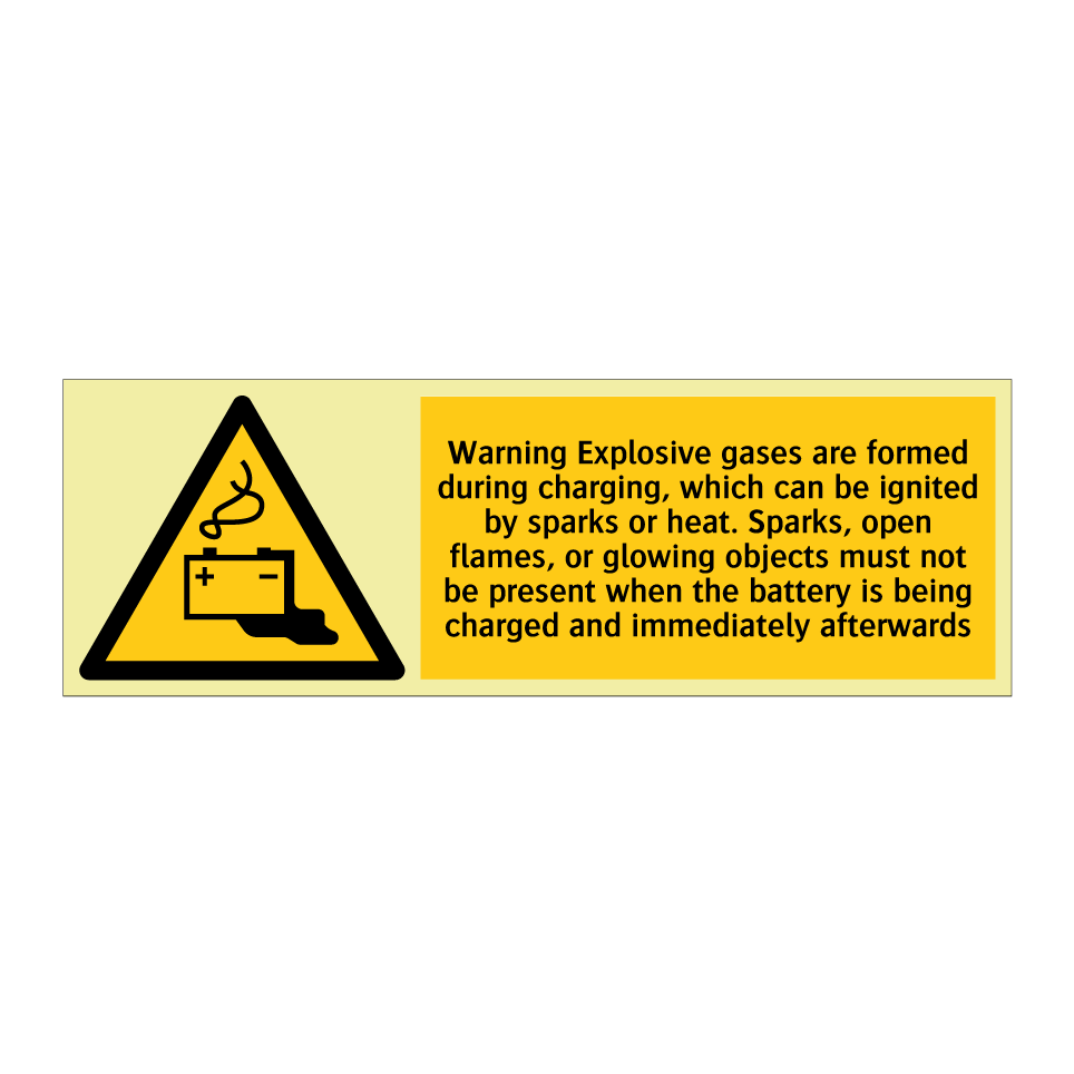 Warning Explosive gases are formed during charging, which can be ignited by sparks or heat. Sparks, open flames, or glowing objects must not be present when the battery is being charged and immediately afterwards
