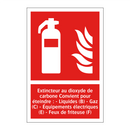 Extincteur au dioxyde de carbone Convient pour éteindre : - Liquides (B) - Gaz (C) - Équipements électriques (E) - Feux de friteuse (F)