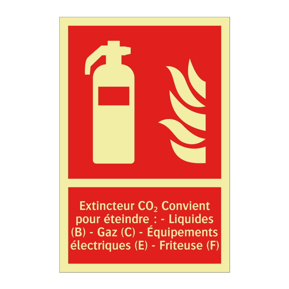 Extincteur CO₂ Convient pour éteindre : - Liquides (B) - Gaz (C) - Équipements électriques (E) - Friteuse (F)