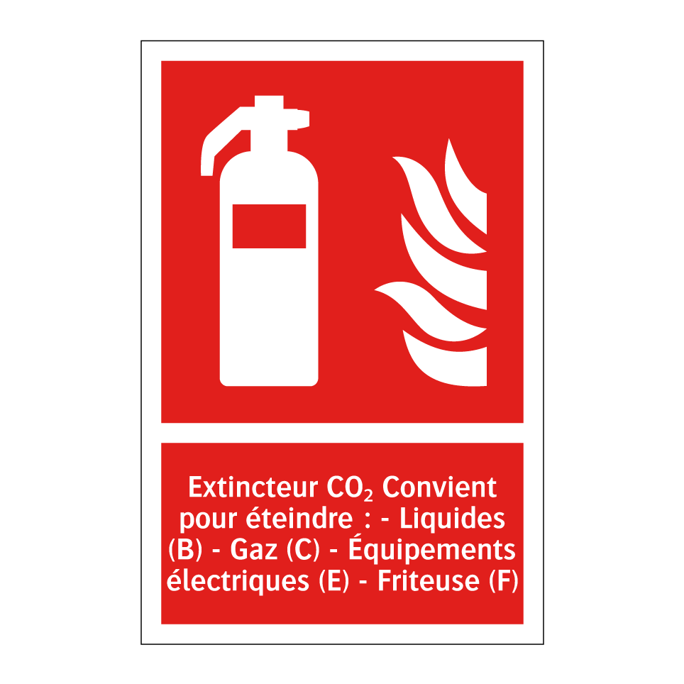 Extincteur CO₂ Convient pour éteindre : - Liquides (B) - Gaz (C) - Équipements électriques (E) - Friteuse (F)