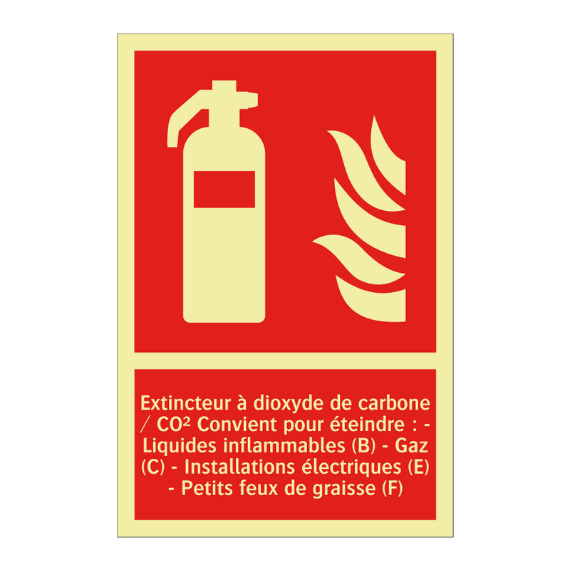 Extincteur à dioxyde de carbone / CO² Convient pour éteindre : - Liquides inflammables (B) - Gaz (C) - Installations électriques (E) - Petits feux de graisse (F)