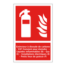 Extincteur à dioxyde de carbone / CO² Convient pour éteindre : - Liquides inflammables (B) - Gaz (C) - Installations électriques (E) - Petits feux de graisse (F)