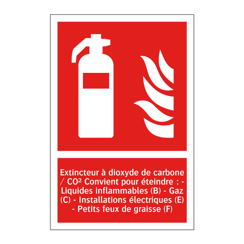 Extincteur à dioxyde de carbone / CO² Convient pour éteindre : - Liquides inflammables (B) - Gaz (C) - Installations électriques (E) - Petits feux de graisse (F)