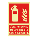 L'extincteur se trouve sous le siège passager.