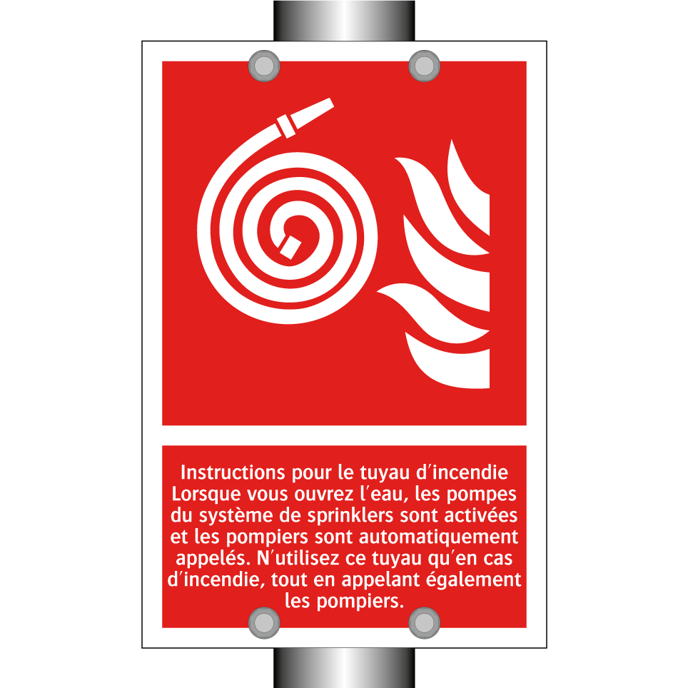Instructions pour le tuyau d'incendie Lorsque vous ouvrez l'eau, les pompes du système de sprinklers sont activées et les pompiers sont automatiquement appelés. N'utilisez ce tuyau qu'en cas d'incendie, tout en appelant également les pompiers.