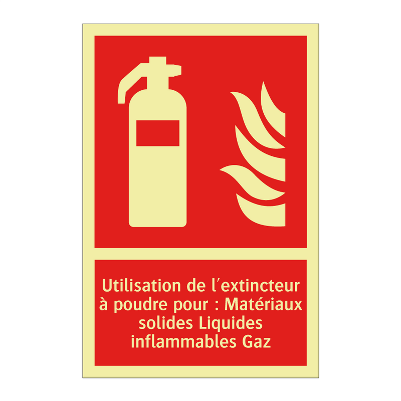 Utilisation de l'extincteur à poudre pour : Matériaux solides Liquides inflammables Gaz