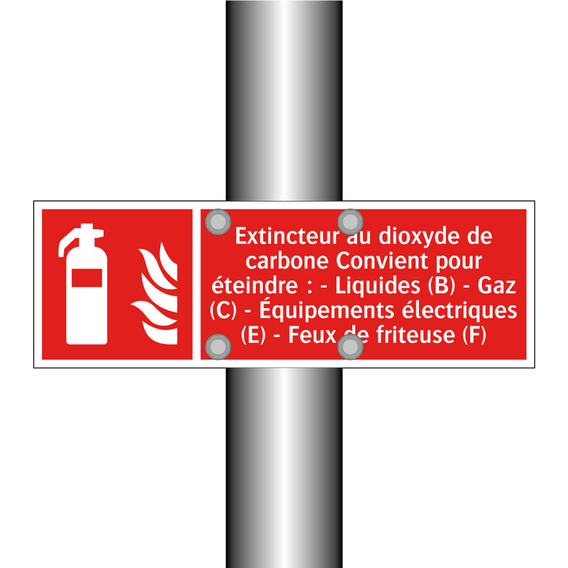 Extincteur au dioxyde de carbone Convient pour éteindre : - Liquides (B) - Gaz (C) - Équipements électriques (E) - Feux de friteuse (F)