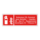 Extincteur CO₂ Convient pour éteindre : - Liquides (B) - Gaz (C) - Équipements électriques (E) - Friteuse (F)