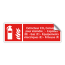 Extincteur CO₂ Convient pour éteindre : - Liquides (B) - Gaz (C) - Équipements électriques (E) - Friteuse (F)