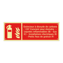 Extincteur à dioxyde de carbone / CO² Convient pour éteindre : - Liquides inflammables (B) - Gaz (C) - Installations électriques (E) - Petits feux de graisse (F)
