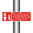Extincteur à dioxyde de carbone / CO² Convient pour éteindre : - Liquides inflammables (B) - Gaz (C) - Installations électriques (E) - Petits feux de graisse (F)