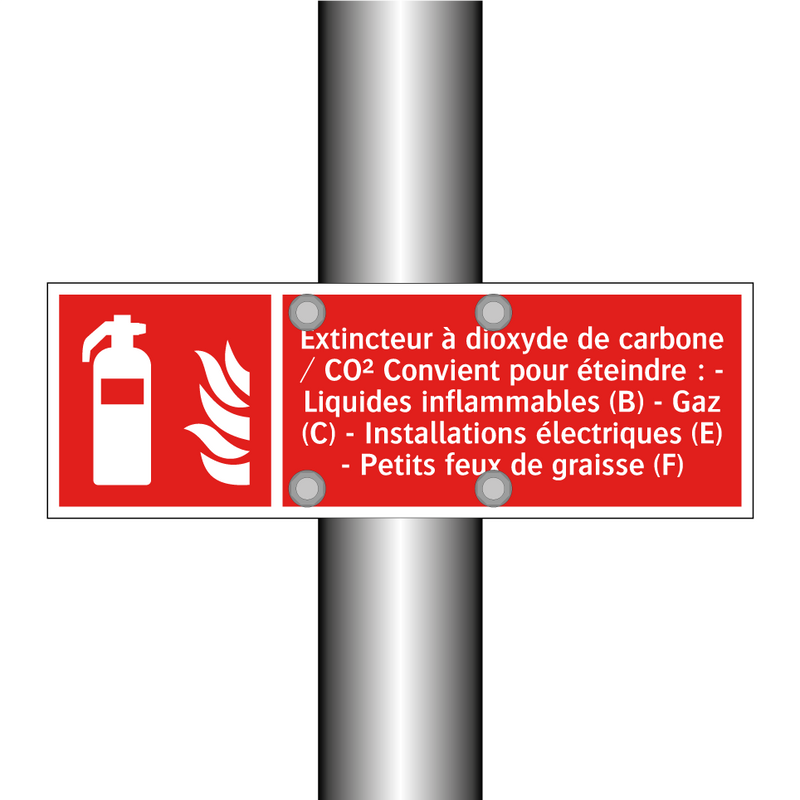 Extincteur à dioxyde de carbone / CO² Convient pour éteindre : - Liquides inflammables (B) - Gaz (C) - Installations électriques (E) - Petits feux de graisse (F)
