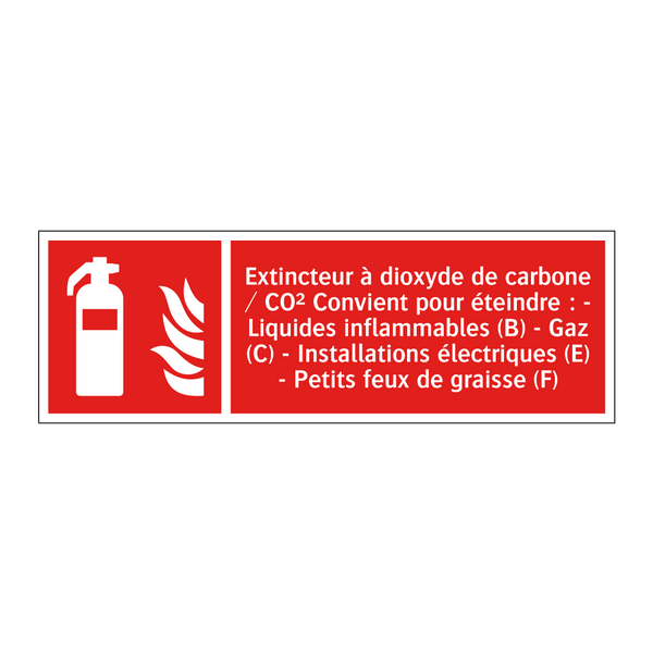 Extincteur à dioxyde de carbone / CO² Convient pour éteindre : - Liquides inflammables (B) - Gaz (C) - Installations électriques (E) - Petits feux de graisse (F)