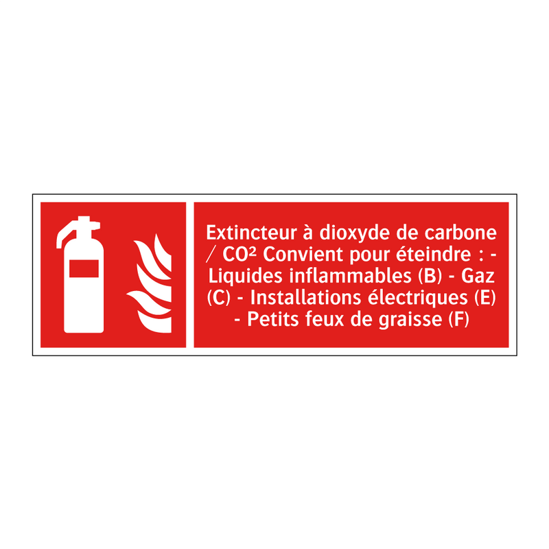 Extincteur à dioxyde de carbone / CO² Convient pour éteindre : - Liquides inflammables (B) - Gaz (C) - Installations électriques (E) - Petits feux de graisse (F)