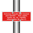 Extincteur à poudre ABC Convient pour éteindre : - Bois, papier, textile, etc. (A) - Liquides inflammables (B) - Gaz (C)