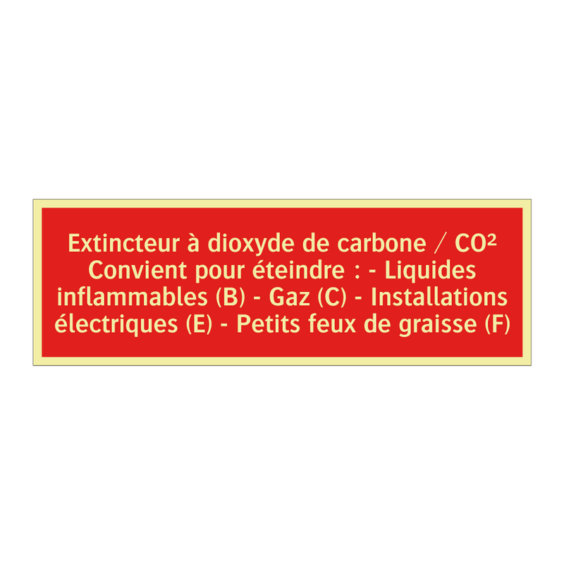 Extincteur à dioxyde de carbone / CO² Convient pour éteindre : - Liquides inflammables (B) - Gaz (C) - Installations électriques (E) - Petits feux de graisse (F)