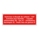 Extincteur à dioxyde de carbone / CO² Convient pour éteindre : - Liquides inflammables (B) - Gaz (C) - Installations électriques (E) - Petits feux de graisse (F)