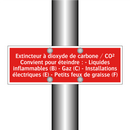 Extincteur à dioxyde de carbone / CO² Convient pour éteindre : - Liquides inflammables (B) - Gaz (C) - Installations électriques (E) - Petits feux de graisse (F)