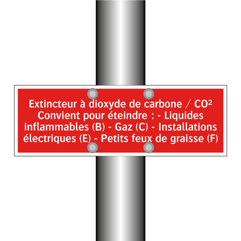 Extincteur à dioxyde de carbone / CO² Convient pour éteindre : - Liquides inflammables (B) - Gaz (C) - Installations électriques (E) - Petits feux de graisse (F)
