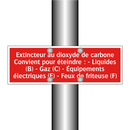 Extincteur au dioxyde de carbone Convient pour éteindre : - Liquides (B) - Gaz (C) - Équipements électriques (E) - Feux de friteuse (F)