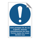 Zone protégée CO₂ En cas d'alarme, évacuez immédiatement les lieux. Fermez toutes les issues derrière vous.