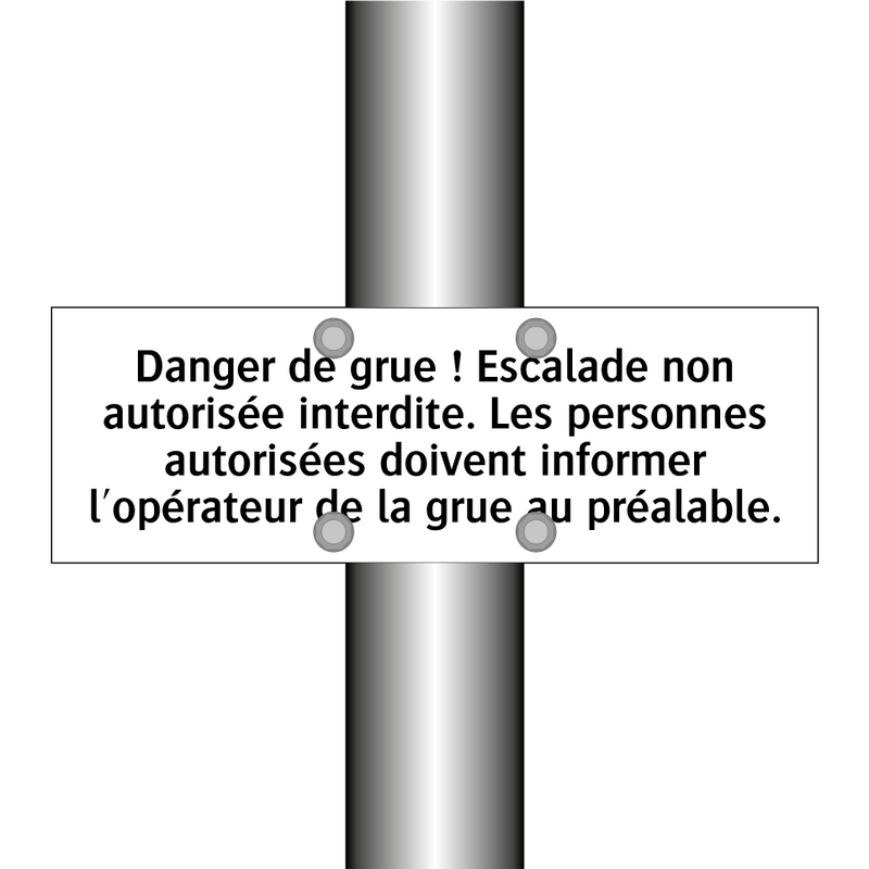 Danger de grue ! Escalade non autorisée interdite. Les personnes autorisées doivent informer l'opérateur de la grue au préalable.