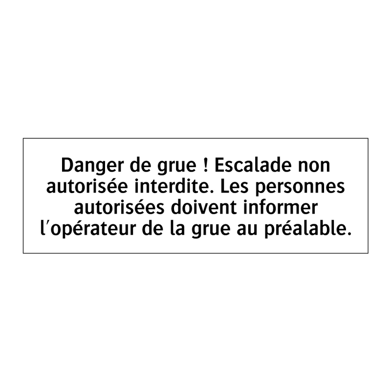 Danger de grue ! Escalade non autorisée interdite. Les personnes autorisées doivent informer l'opérateur de la grue au préalable.